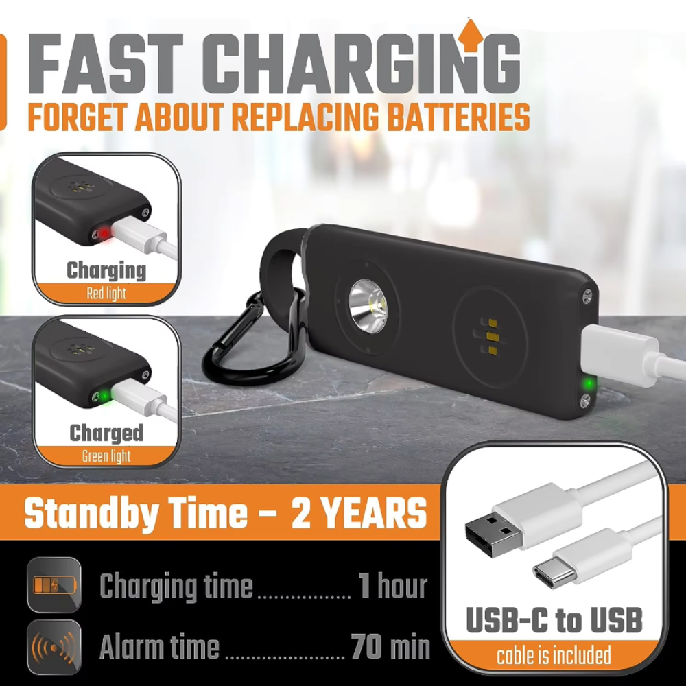 Personal Safety Keychain with Rechargeable Alarm and Flashlight