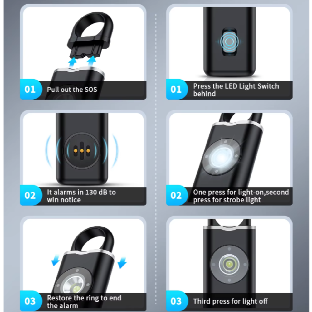 Personal Safety Keychain with Rechargeable Alarm and Flashlight