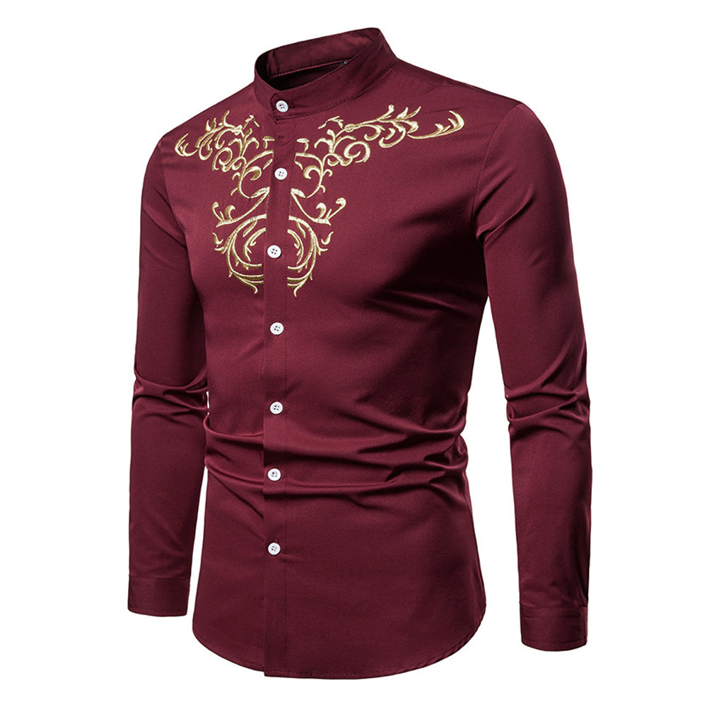 Slim Fit Men's Floral Embroidered Button Down Shirt