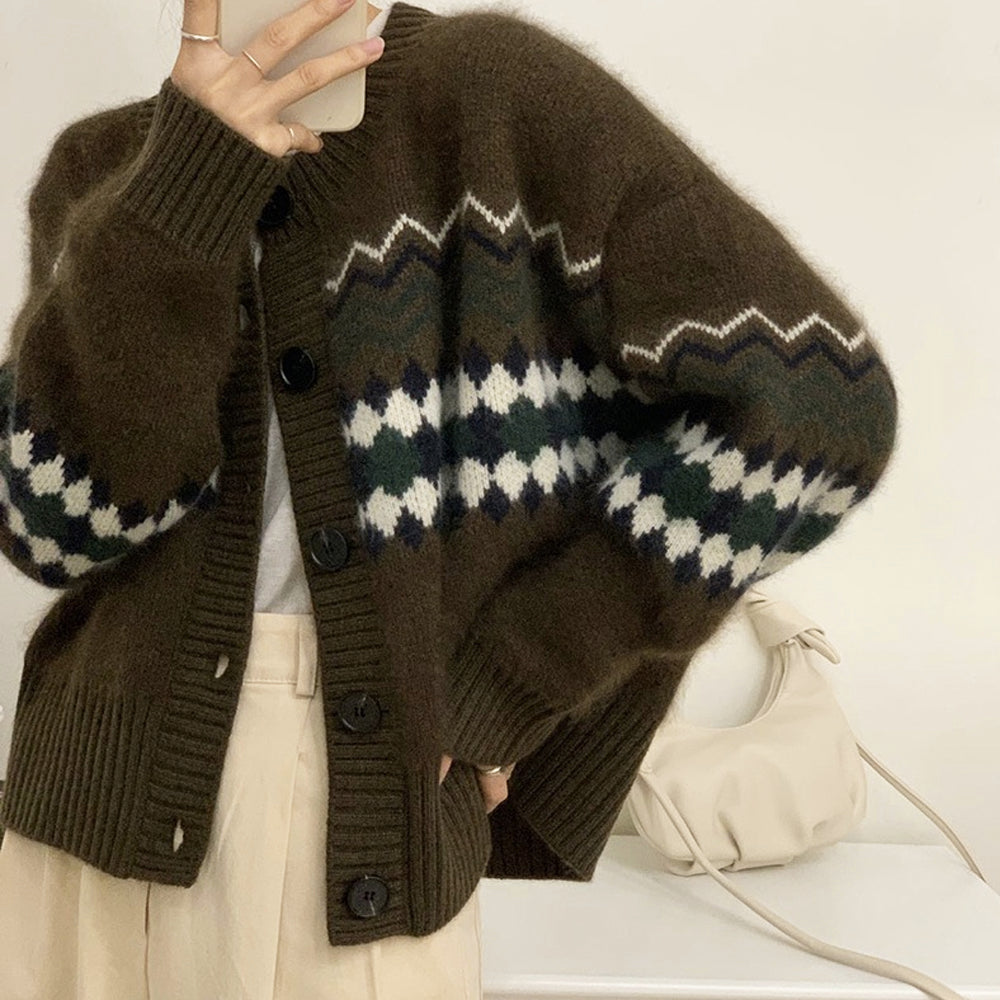 Horizontal Patterned Button-Front Women's Cardigan