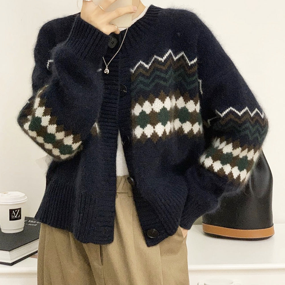 Horizontal Patterned Button-Front Women's Cardigan