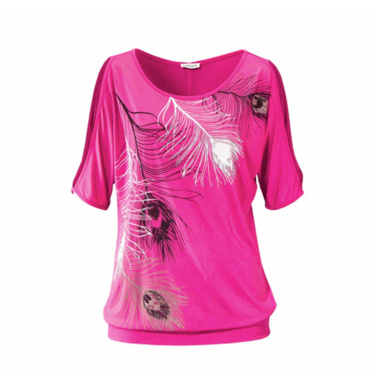 Casual T-Shirt with Feather Print - Women's Off-Shoulder Style