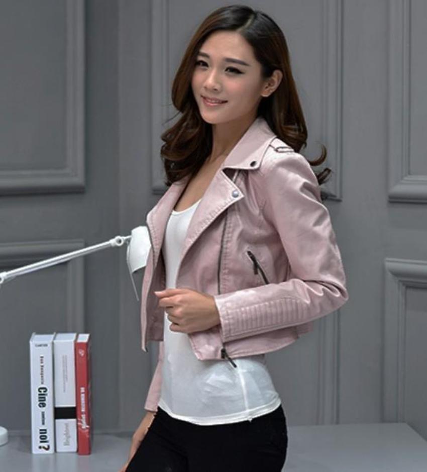 Short Pink Faux Leather Motorcycle Jacket for Women
