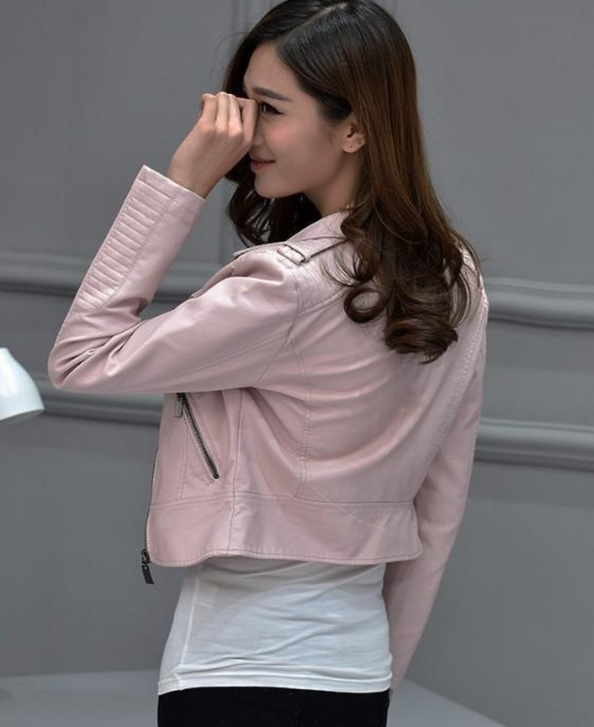Short Pink Faux Leather Motorcycle Jacket for Women