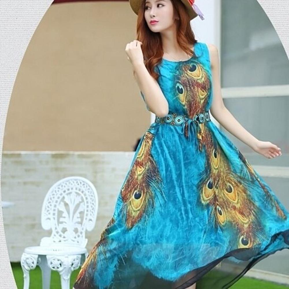 Peacock Sleeveless Dress with Long One Piece Design