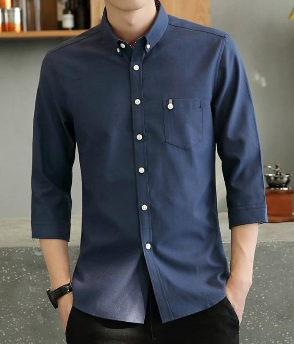 Slim Fit Button-Up Shirt with Three-Quarter Sleeves for Men