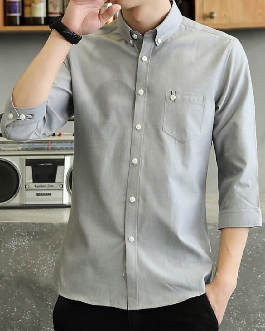 Slim Fit Button-Up Shirt with Three-Quarter Sleeves for Men