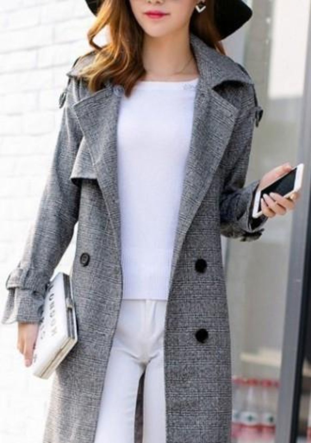 Gray Double Breasted Mid-Length Trench Coat for Women