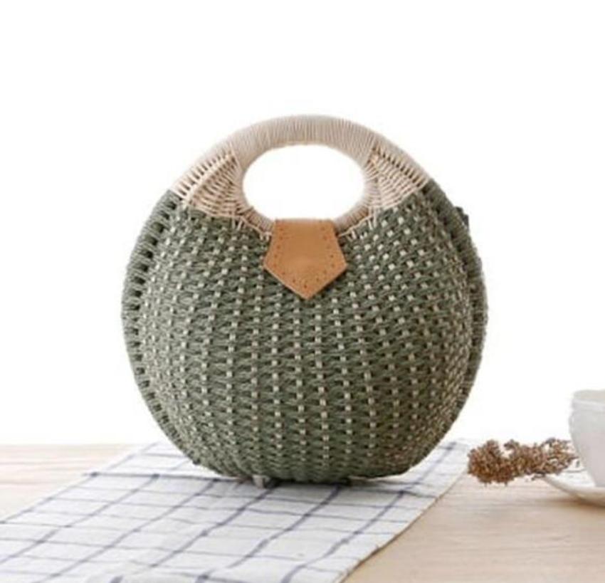 Round-Shaped Wicker Handbag with a Top Handle