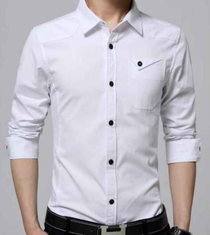 Classic White Long Sleeve Shirt with Flip Pocket and Button Front for Men