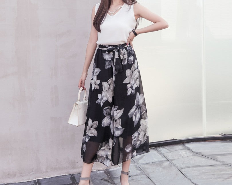 Floral Chiffon Wide Leg Pants for Women