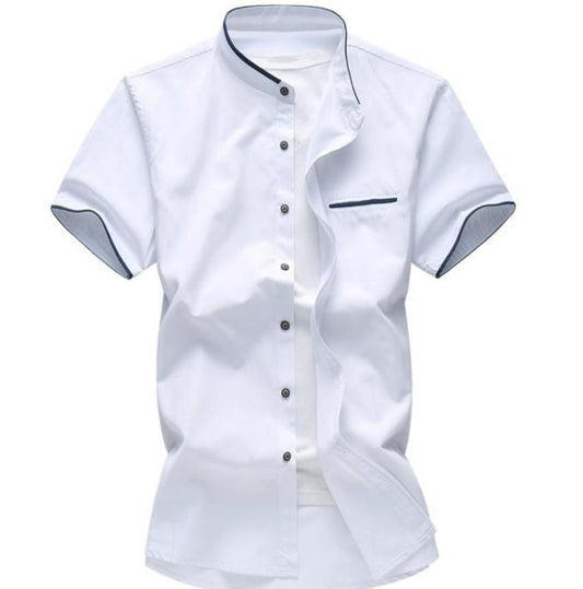 White Stand Collar Shirt for Men with Pocket Embellishments