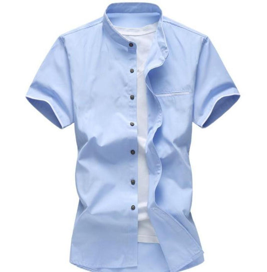 Light Blue Men's Shirt with Stand Collar and Pocket Accents