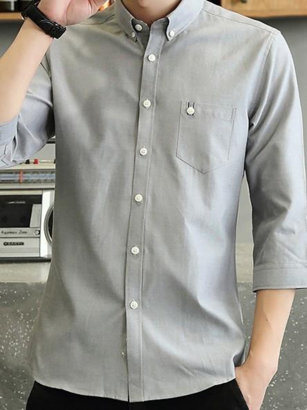 Men's Button-Down Shirt with Three-Quarter Sleeves