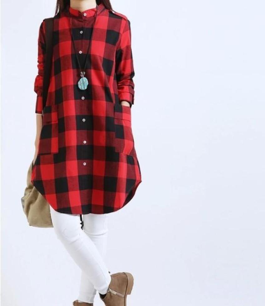 Long Checkered Women's Shirt featuring Pockets
