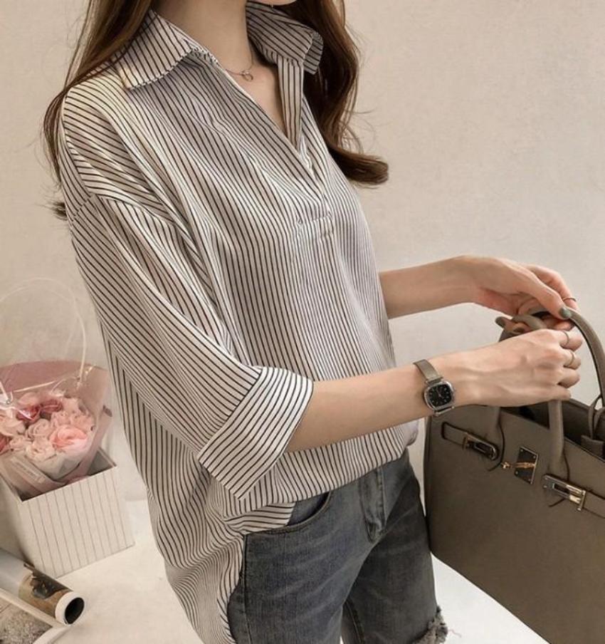 Quarter Sleeve Striped Shirt for Women with V-Neck Design