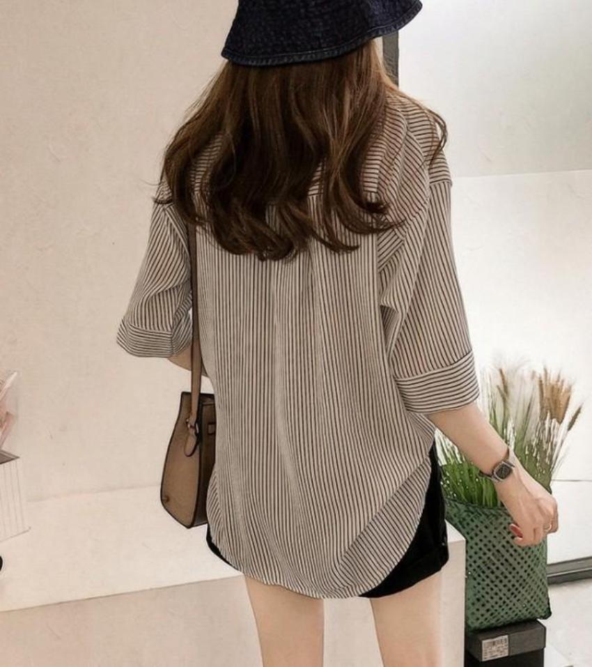 Quarter Sleeve Striped Shirt for Women with V-Neck Design