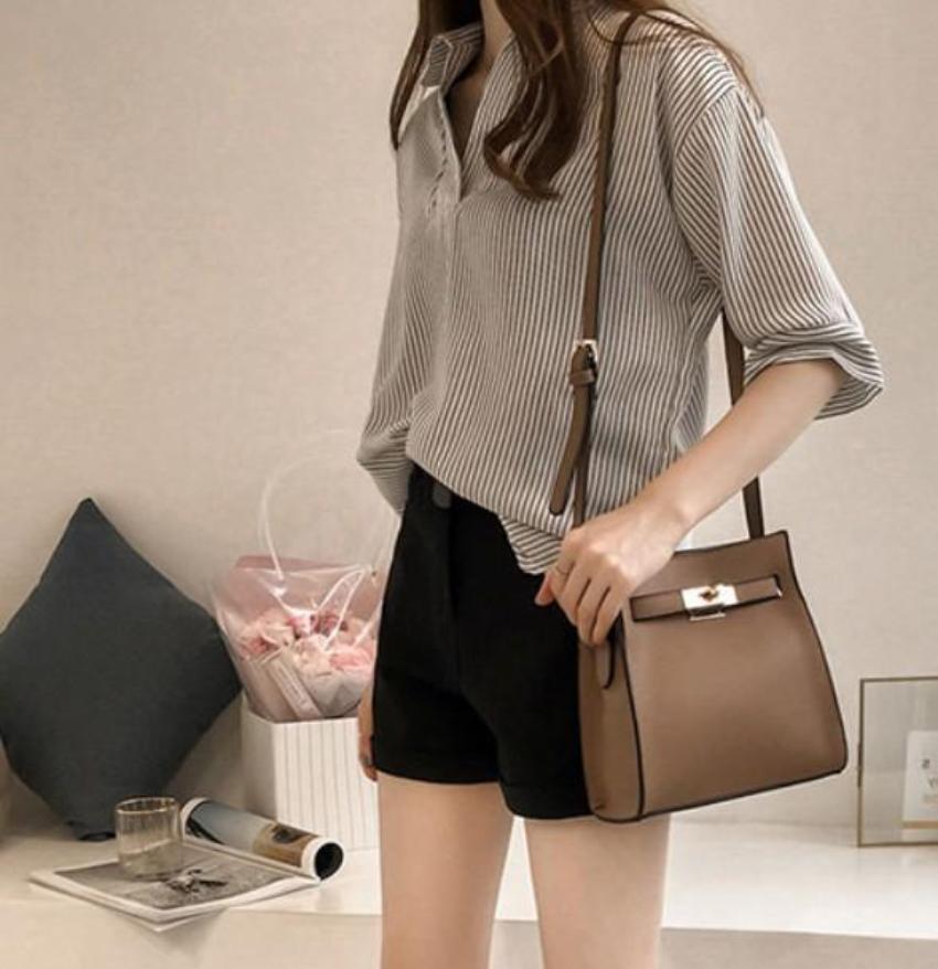 Quarter Sleeve Striped Shirt for Women with V-Neck Design