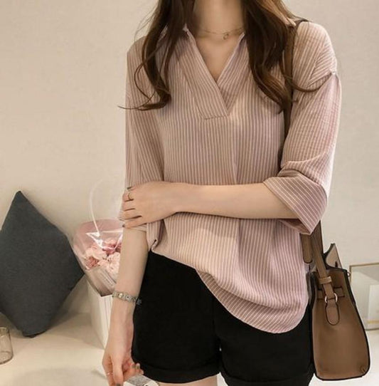 Quarter Sleeve Striped Shirt for Women with V-Neck Design