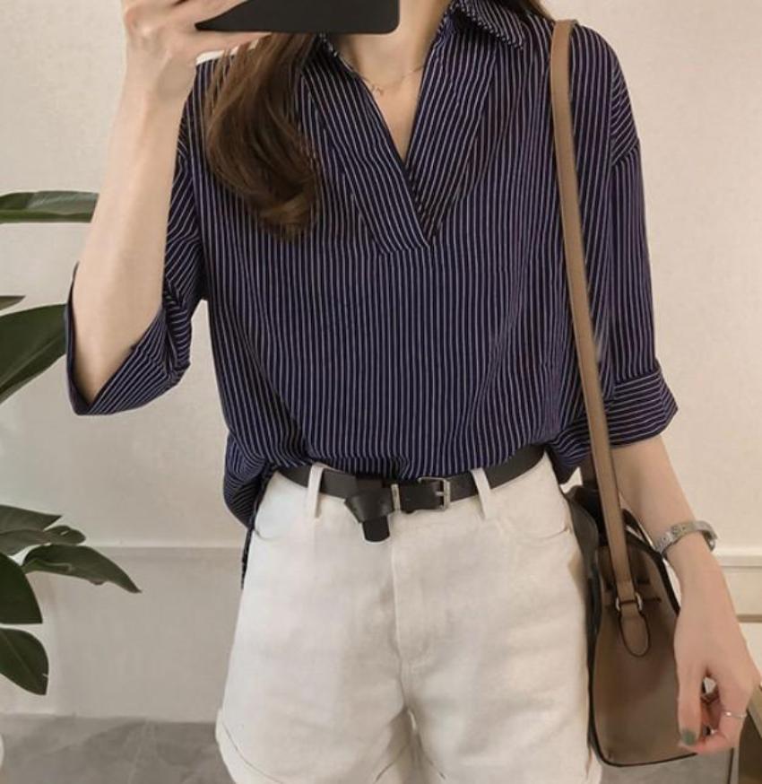 Quarter Sleeve Striped Shirt for Women with V-Neck Design