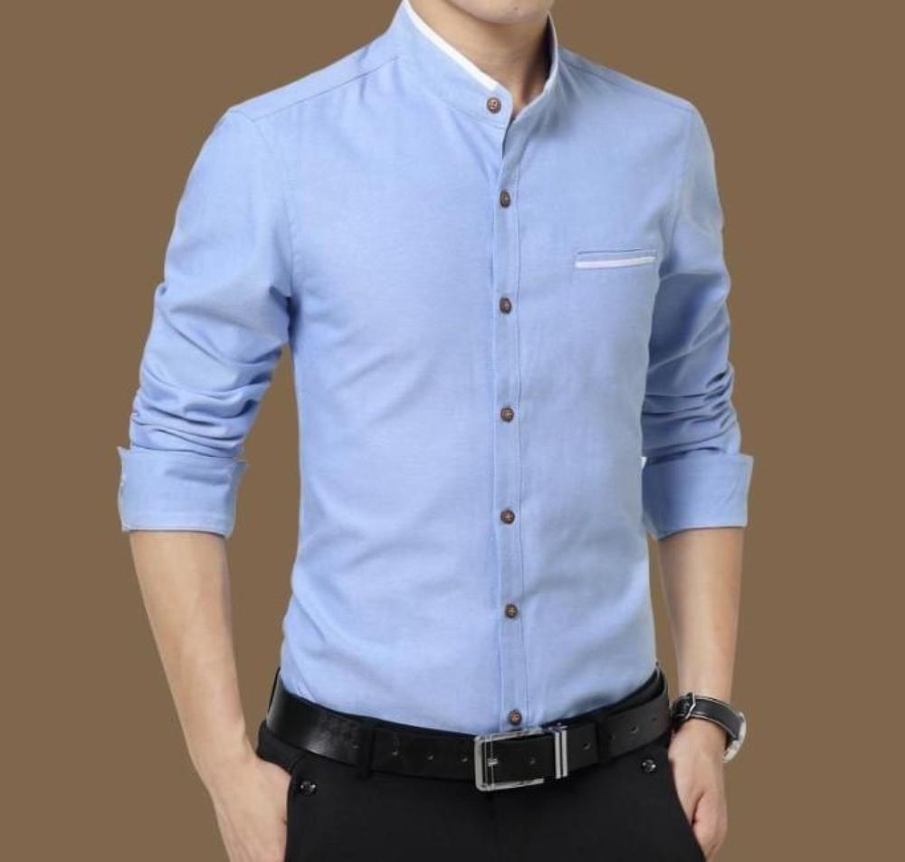 Long Sleeve Button Front Shirt for Men with Mandarin Collar
