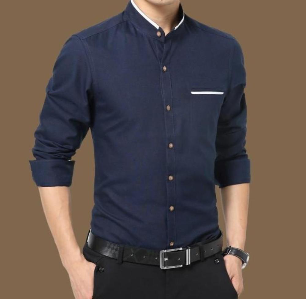 Long Sleeve Button Front Shirt for Men with Mandarin Collar