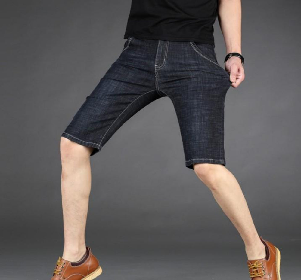 Slim Fit Black Denim Shorts for Men - Mid Length