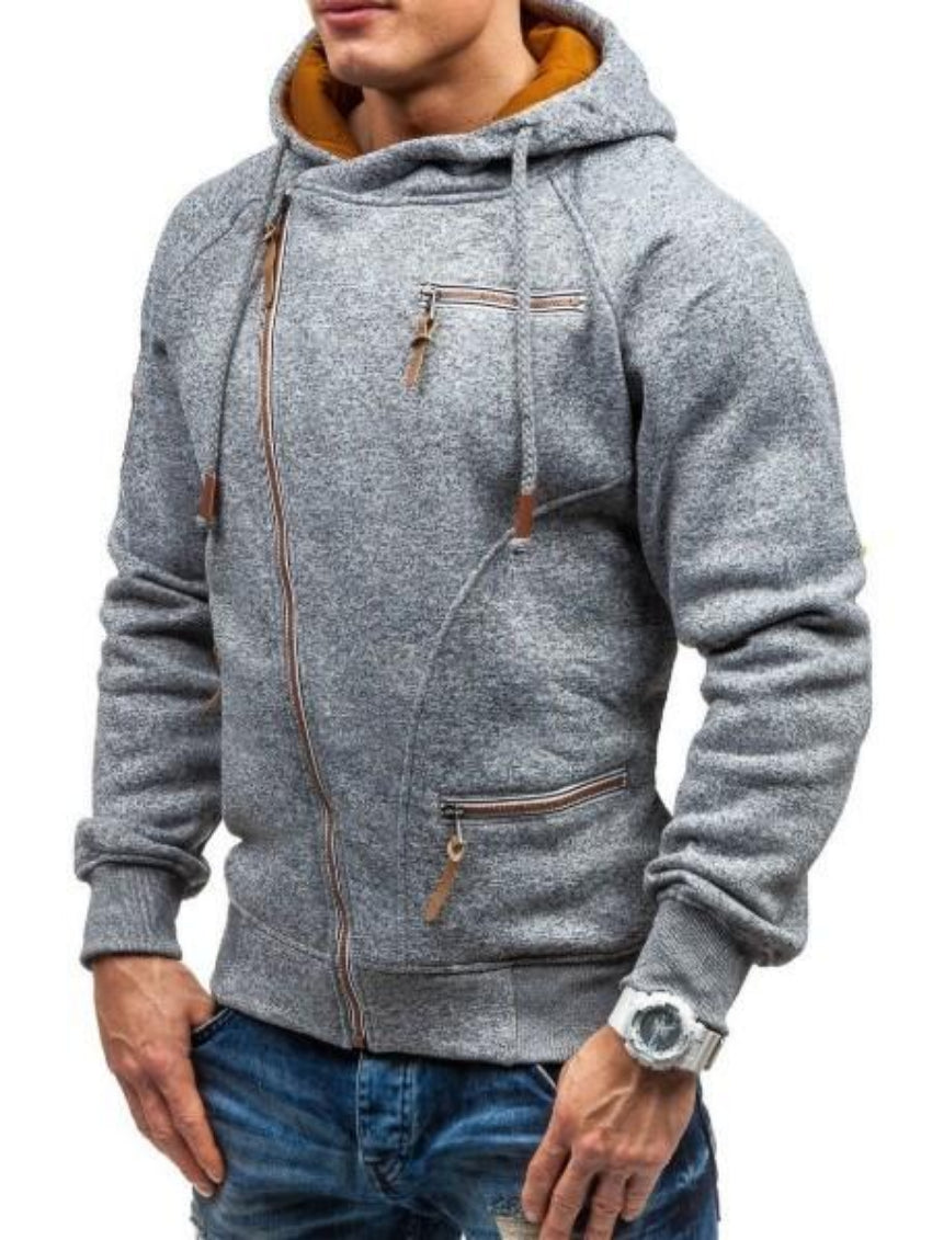 Faux Leather Detailed Zip-Up Men's Hoodie