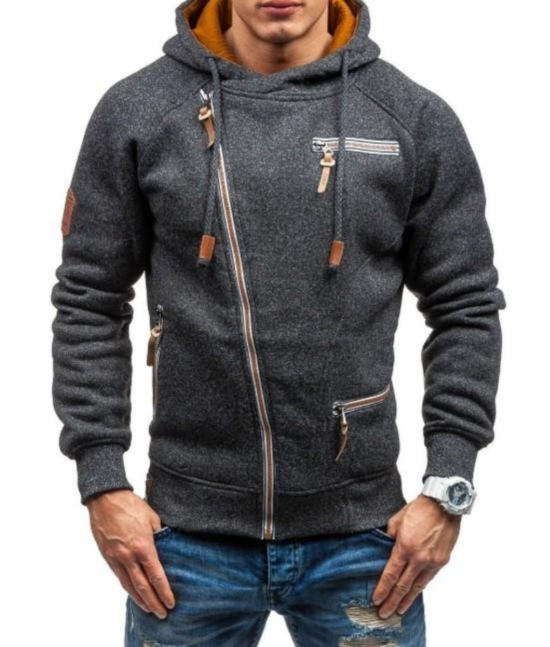 Faux Leather Detailed Zip-Up Men's Hoodie