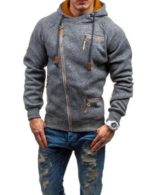 Faux Leather Detailed Zip-Up Men's Hoodie