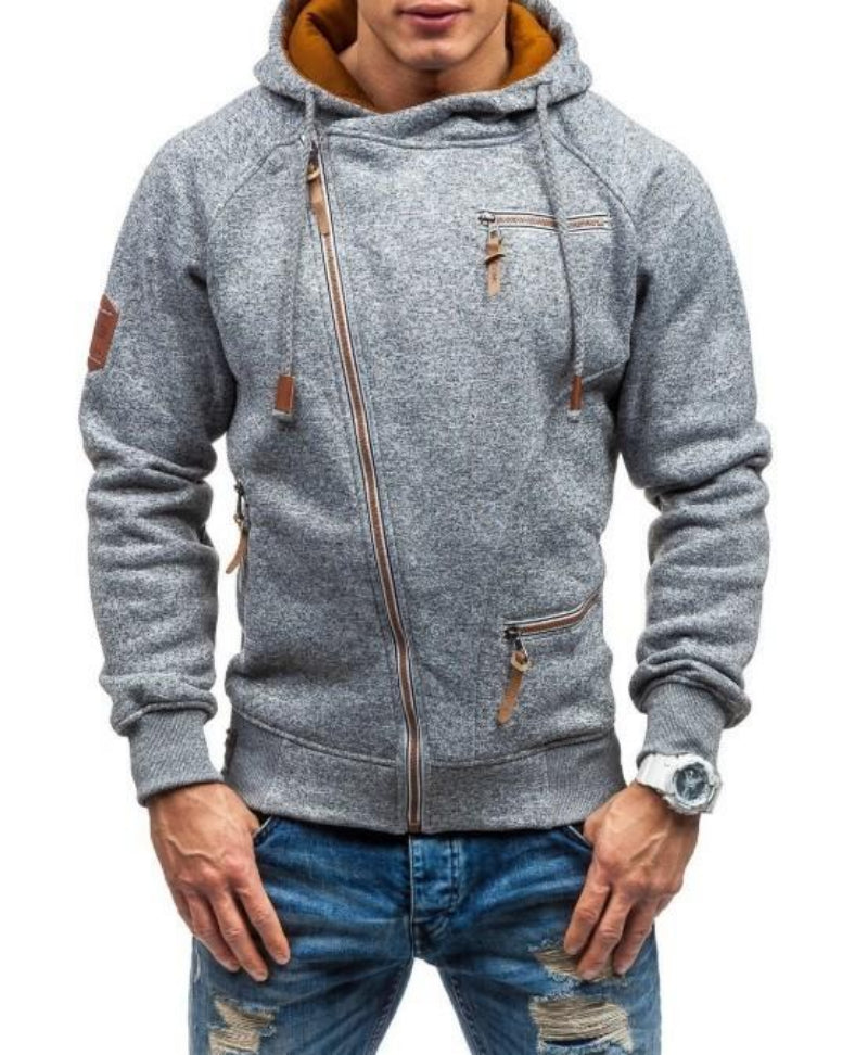 Faux Leather Detailed Zip-Up Men's Hoodie