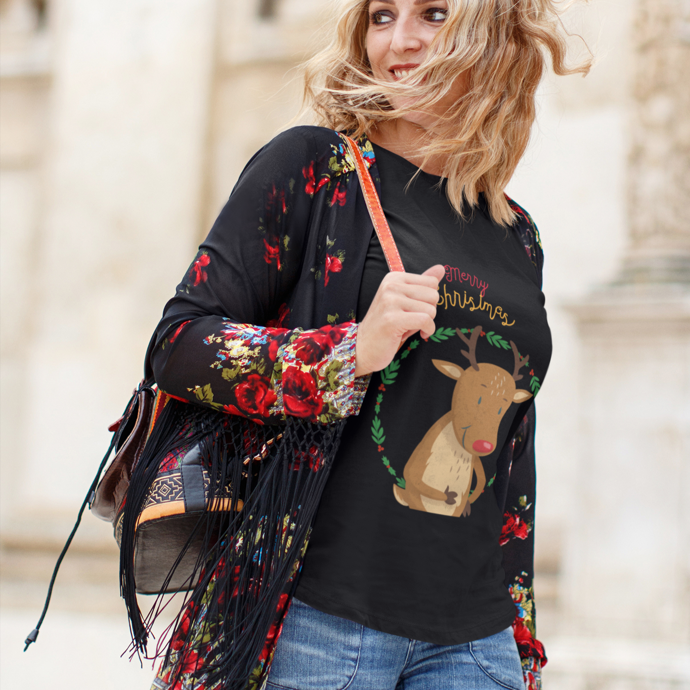 Holiday Reindeer Women's Tee with Short Sleeves