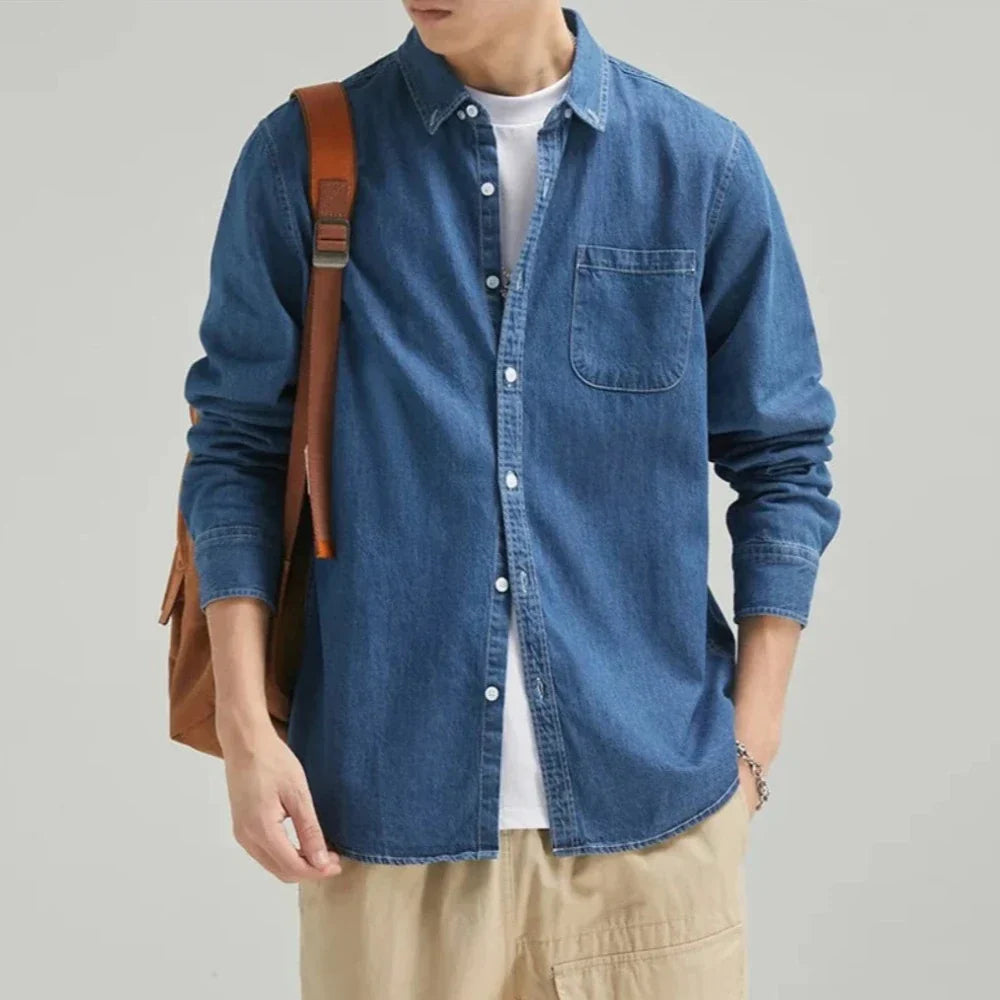 Long Sleeve Denim Shirt with Single Pocket for Men