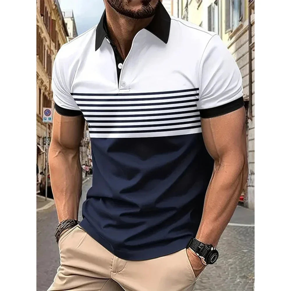 Short Sleeve Casual Polo Shirt with Striped Print for Men