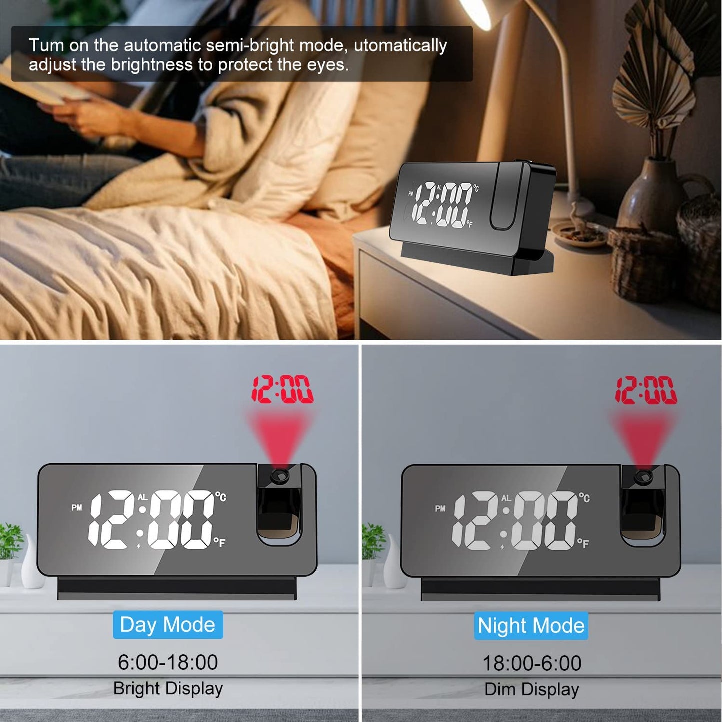 Digital Projection Alarm Clock with Adjustable LED Display