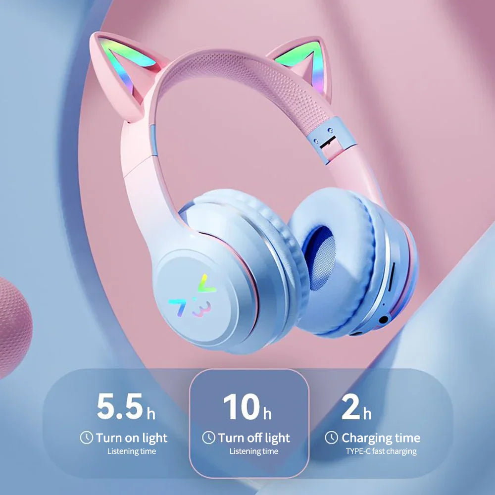RGB Foldable Bluetooth Headphones with Cat Ear Design