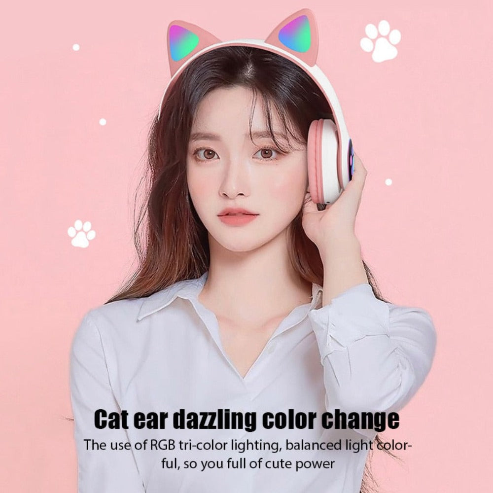 LED Feline Ear Wireless Headphones with Cartoon Design