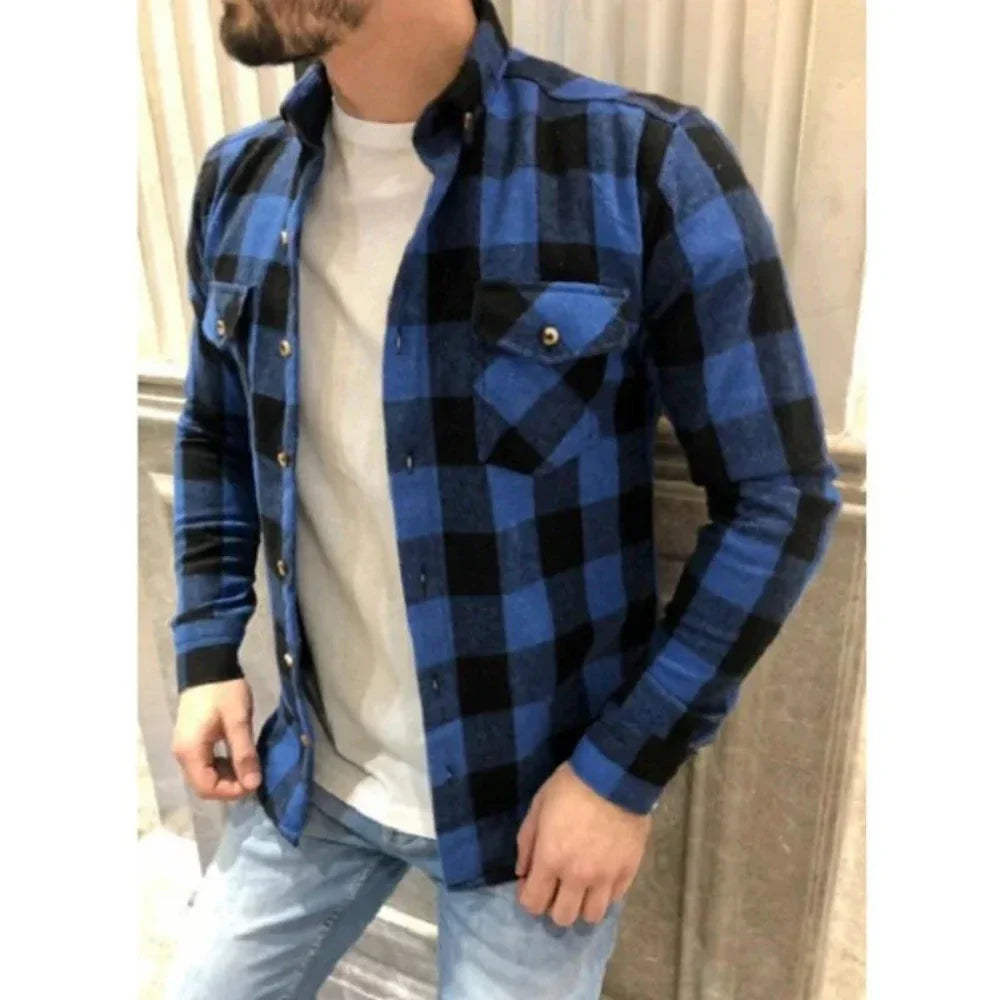Long Sleeve Checkered Shirt with Dual Pockets for Men