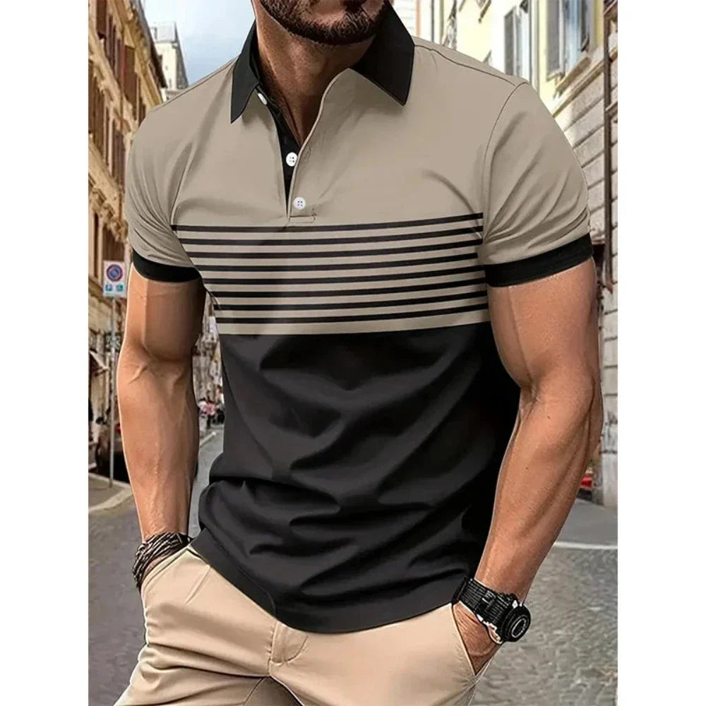 Short Sleeve Casual Polo Shirt with Striped Print for Men