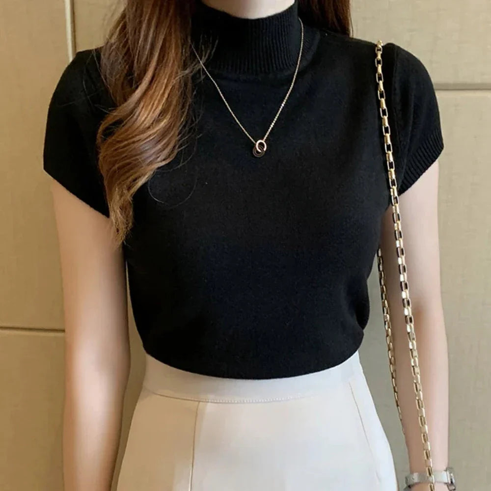 Slim Fitting Short Sleeve Turtle Neck Knitted Top for Women