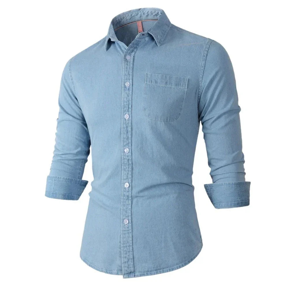 Long Sleeve Denim Shirt with Single Pocket for Men