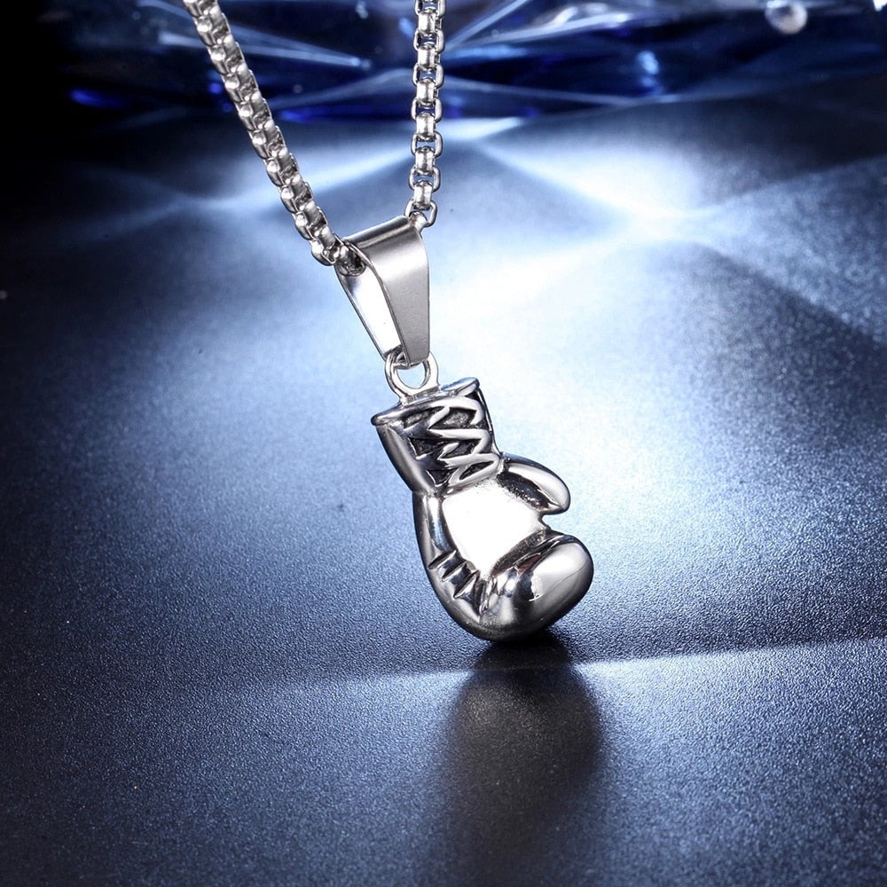 Boxing Glove Charm Necklace in Silver Finish