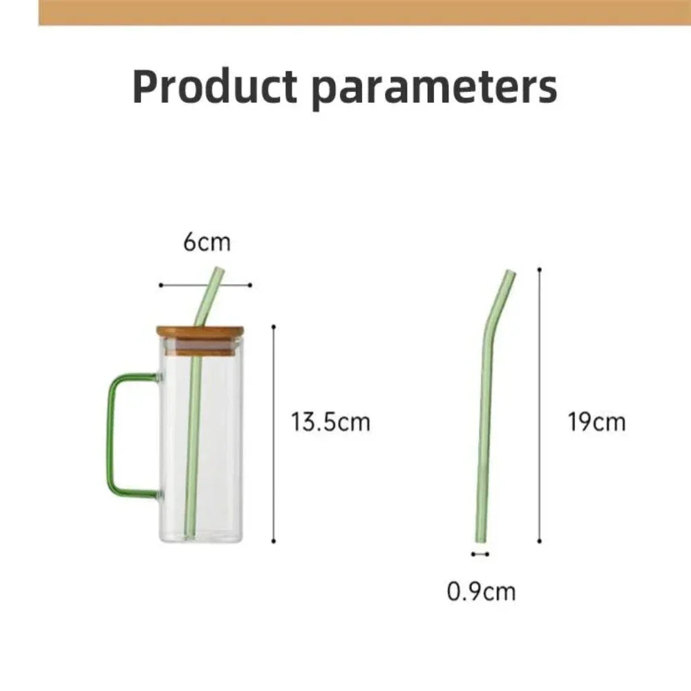 Square Glass Tumbler with Leak-Proof Cover and Eco-Friendly Straw, 400ml Capacity