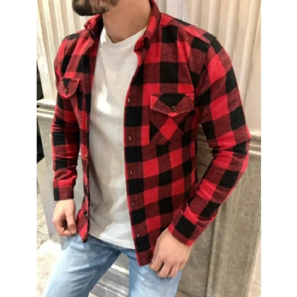Long Sleeve Checkered Shirt with Dual Pockets for Men