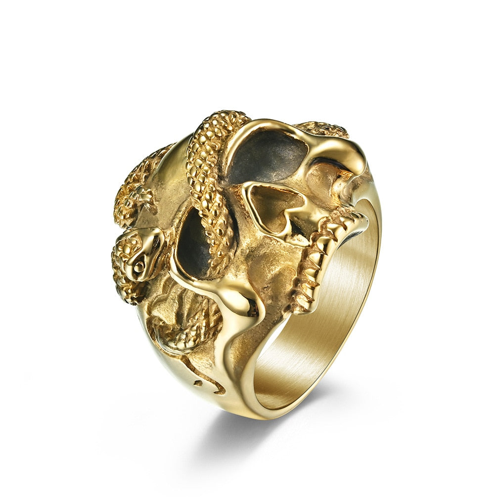Snake-Embellished Skull Ring