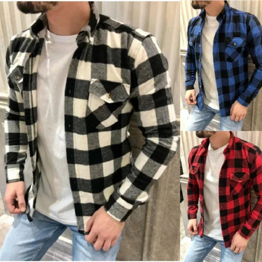 Long Sleeve Checkered Shirt with Dual Pockets for Men
