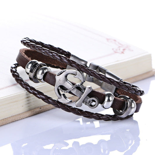Vegan Leather Bracelet with Multi Layers and Anchor