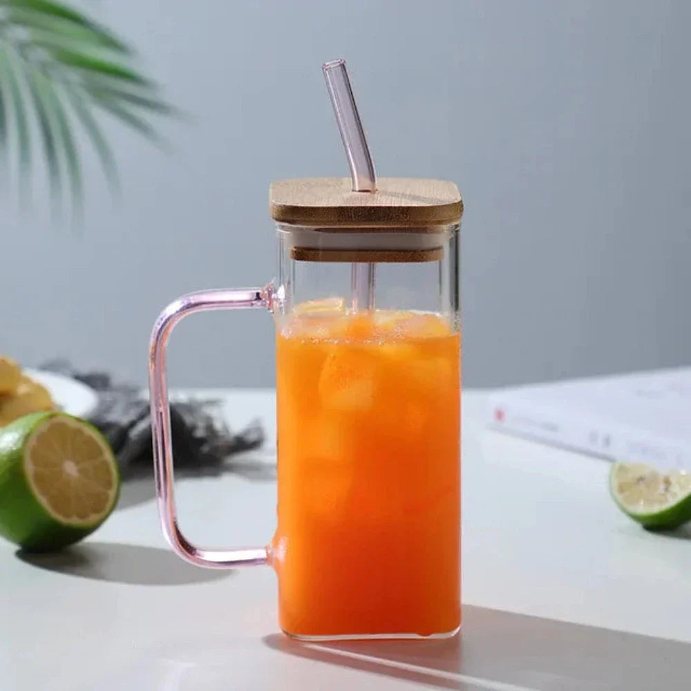 Square Glass Tumbler with Leak-Proof Cover and Eco-Friendly Straw, 400ml Capacity