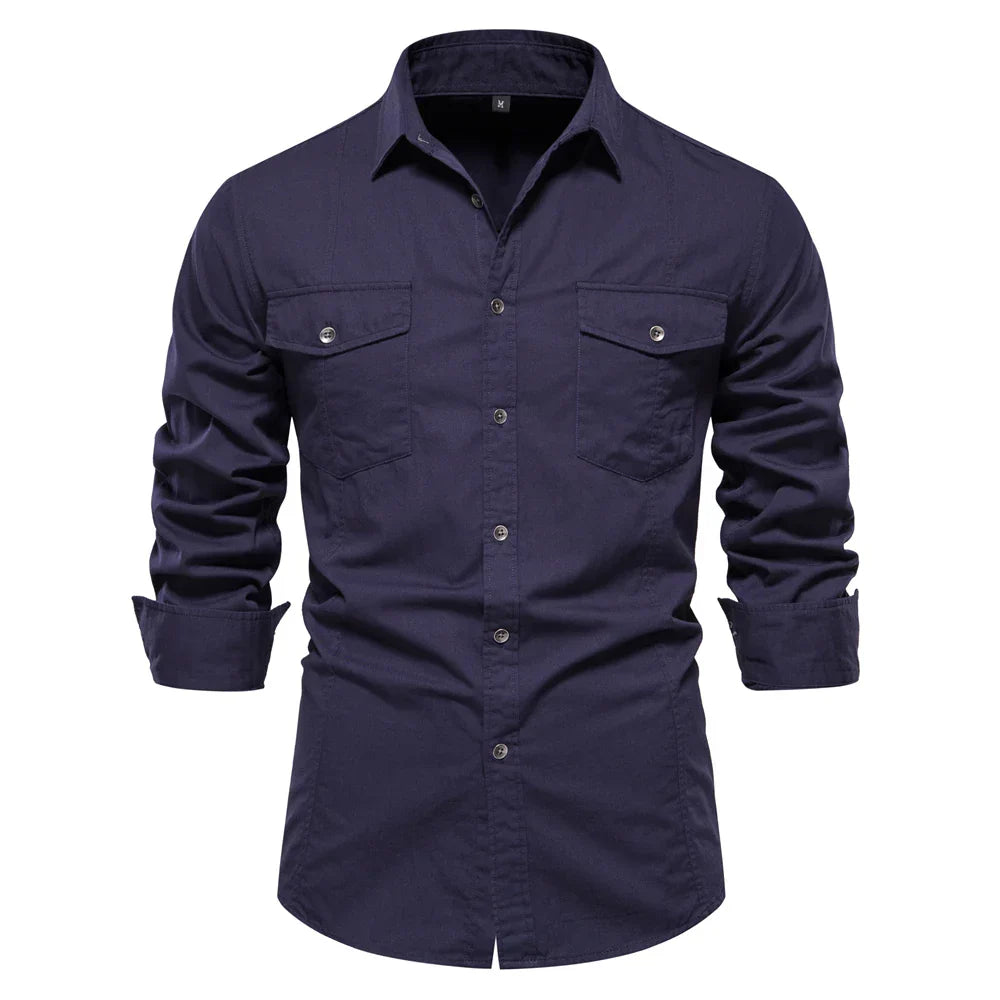 Long Sleeve Military Shirt with Dual Pockets for Men
