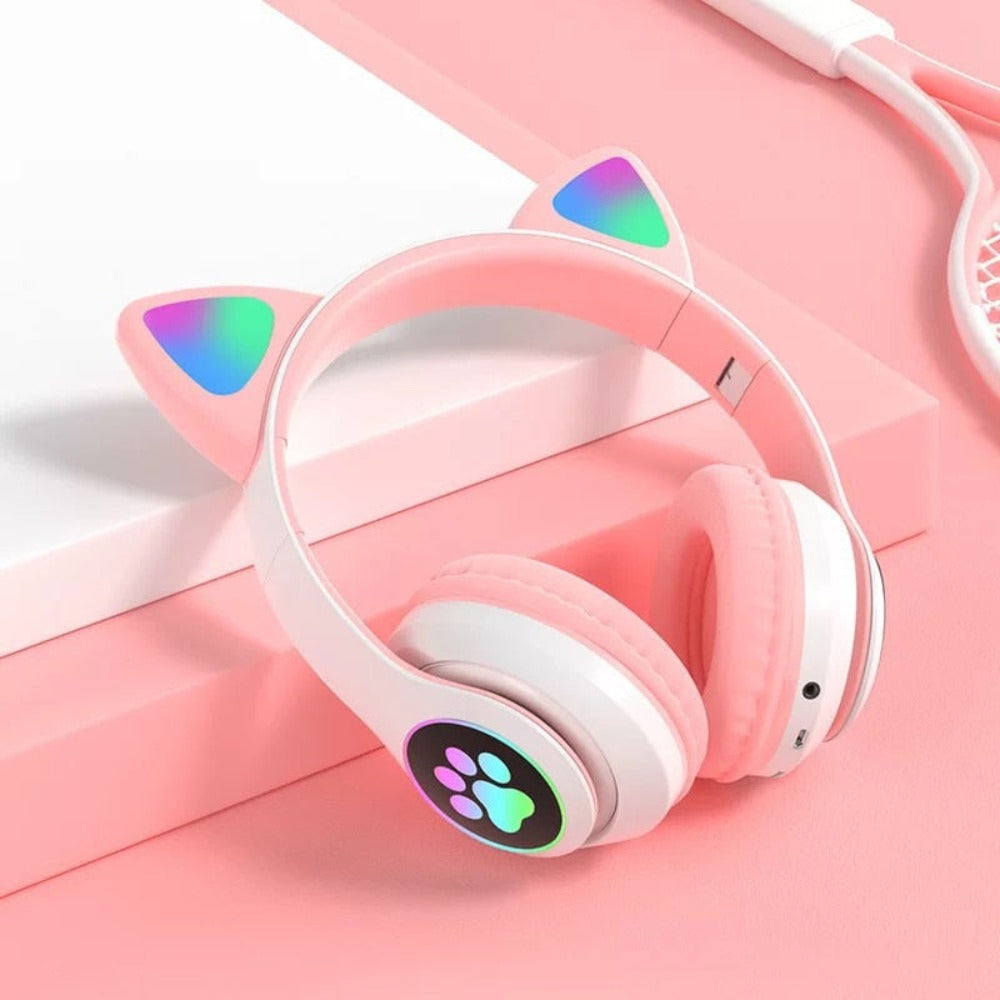 LED Feline Ear Wireless Headphones with Cartoon Design